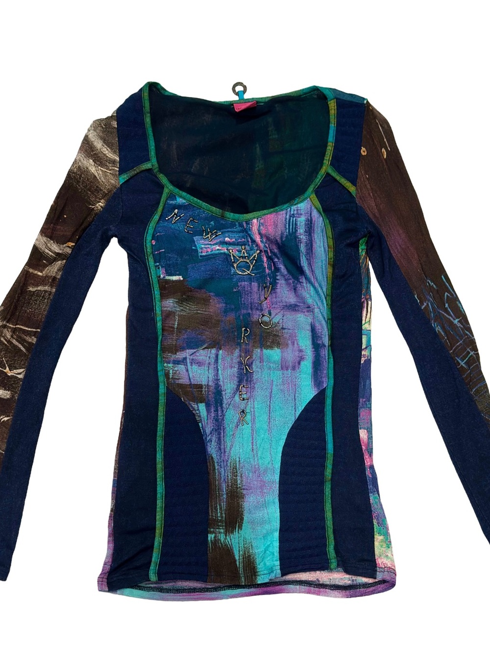Save The Queen Long Sleeve Abstract Panel Top in Teal, Navy, Purple
